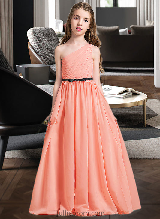 Camilla A-Line One-Shoulder Floor-Length Chiffon Junior Bridesmaid Dress With Ruffle Bow(s) DQP0013570