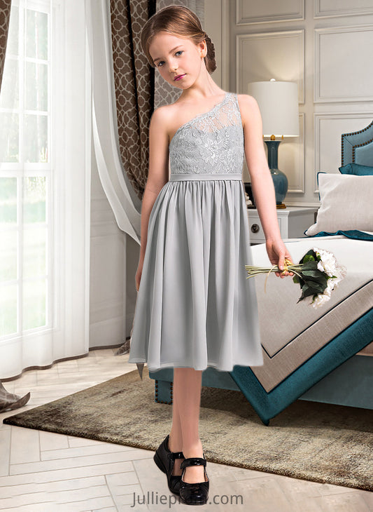 Ansley A-Line One-Shoulder Knee-Length Chiffon Lace Junior Bridesmaid Dress DQP0013571