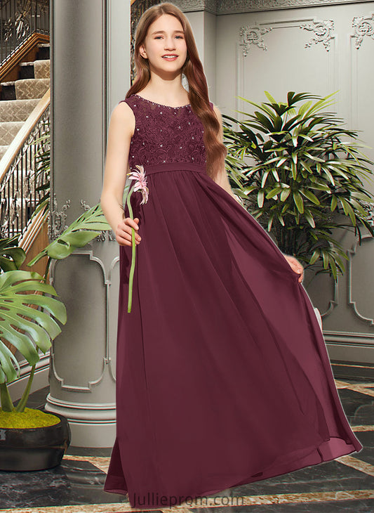 Natalee A-Line Scoop Neck Floor-Length Chiffon Lace Junior Bridesmaid Dress With Beading Sequins DQP0013572