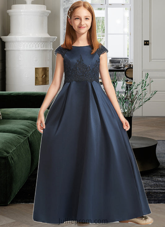 Zoie A-Line Scoop Neck Floor-Length Satin Lace Junior Bridesmaid Dress With Beading Sequins Bow(s) DQP0013574