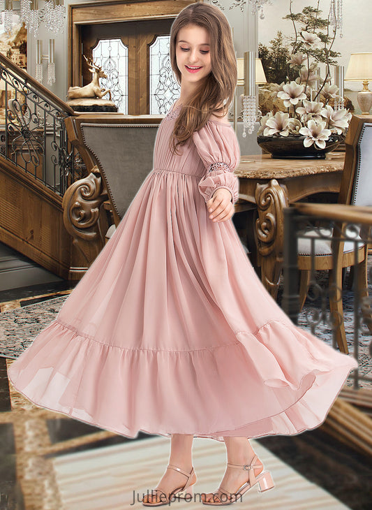 Mollie A-Line Square Neckline Ankle-Length Chiffon Junior Bridesmaid Dress With Ruffle Lace DQP0013575