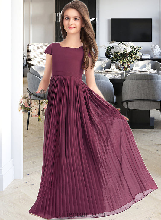 Sonia A-Line Square Neckline Floor-Length Chiffon Junior Bridesmaid Dress With Lace Bow(s) Pleated DQP0013576