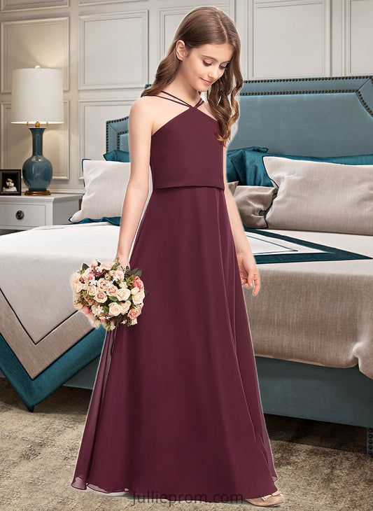 Shaniya A-Line V-neck Floor-Length Chiffon Junior Bridesmaid Dress DQP0013577