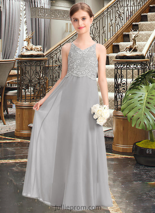 Myla A-Line V-neck Floor-Length Chiffon Lace Junior Bridesmaid Dress DQP0013579