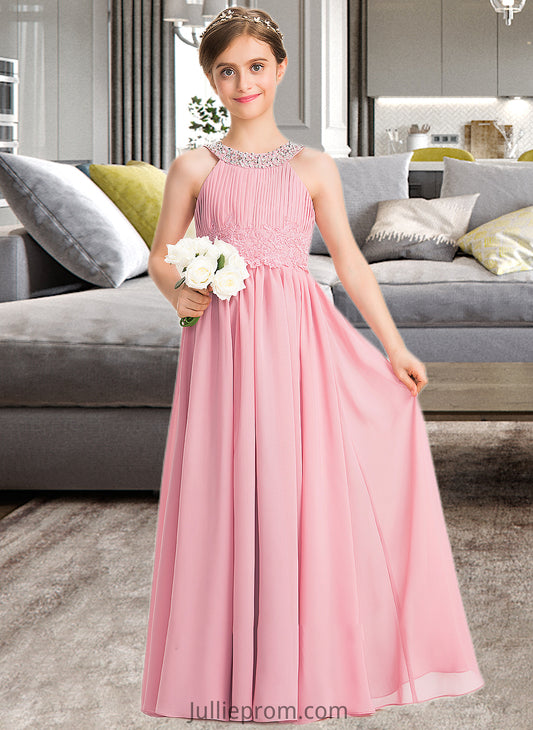 Jenny A-Line Scoop Neck Floor-Length Chiffon Lace Junior Bridesmaid Dress With Ruffle Beading Sequins DQP0013582