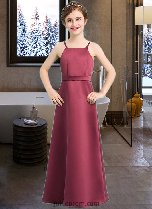 Florence A-Line Square Neckline Floor-Length Satin Junior Bridesmaid Dress With Bow(s) DQP0013585