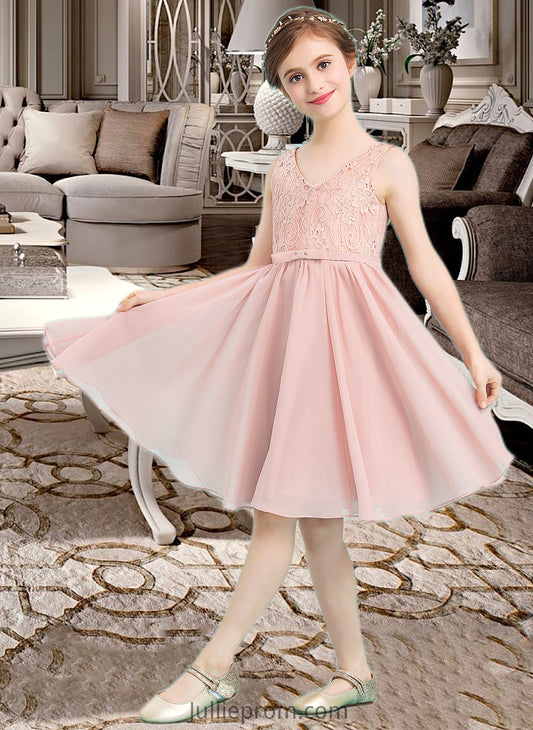 Hayley A-Line V-neck Knee-Length Chiffon Junior Bridesmaid Dress With Bow(s) DQP0013586