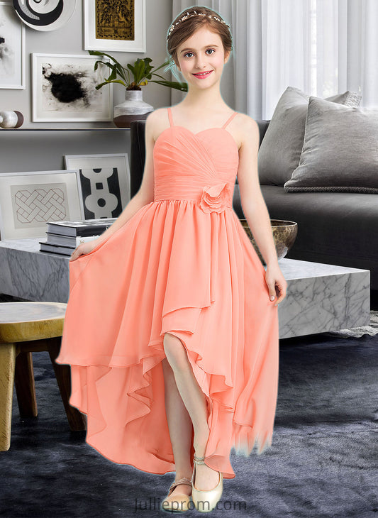 Paisley A-Line Sweetheart Asymmetrical Chiffon Junior Bridesmaid Dress With Ruffle Flower(s) DQP0013587