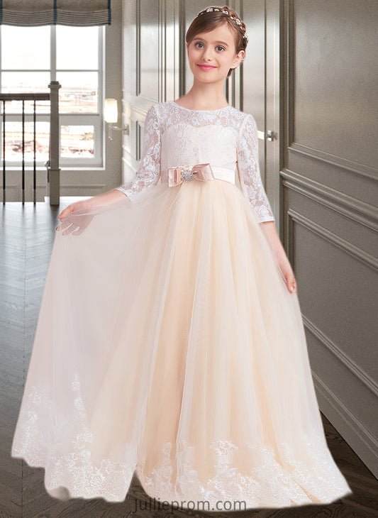 June Ball-Gown/Princess Scoop Neck Floor-Length Tulle Lace Junior Bridesmaid Dress With Sash Beading Bow(s) DQP0013589