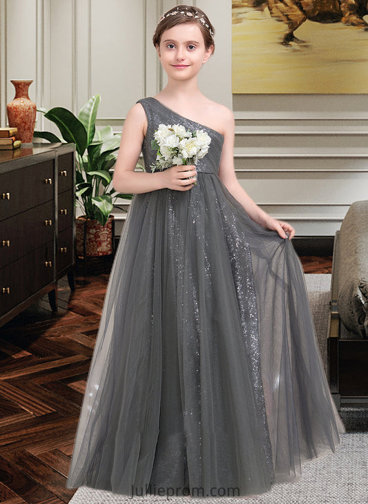 Keely A-Line One-Shoulder Floor-Length Tulle Sequined Junior Bridesmaid Dress With Ruffle DQP0013592