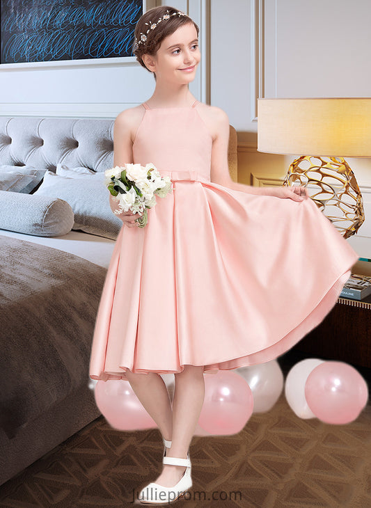 Annalise A-Line Square Neckline Knee-Length Satin Junior Bridesmaid Dress With Bow(s) DQP0013593