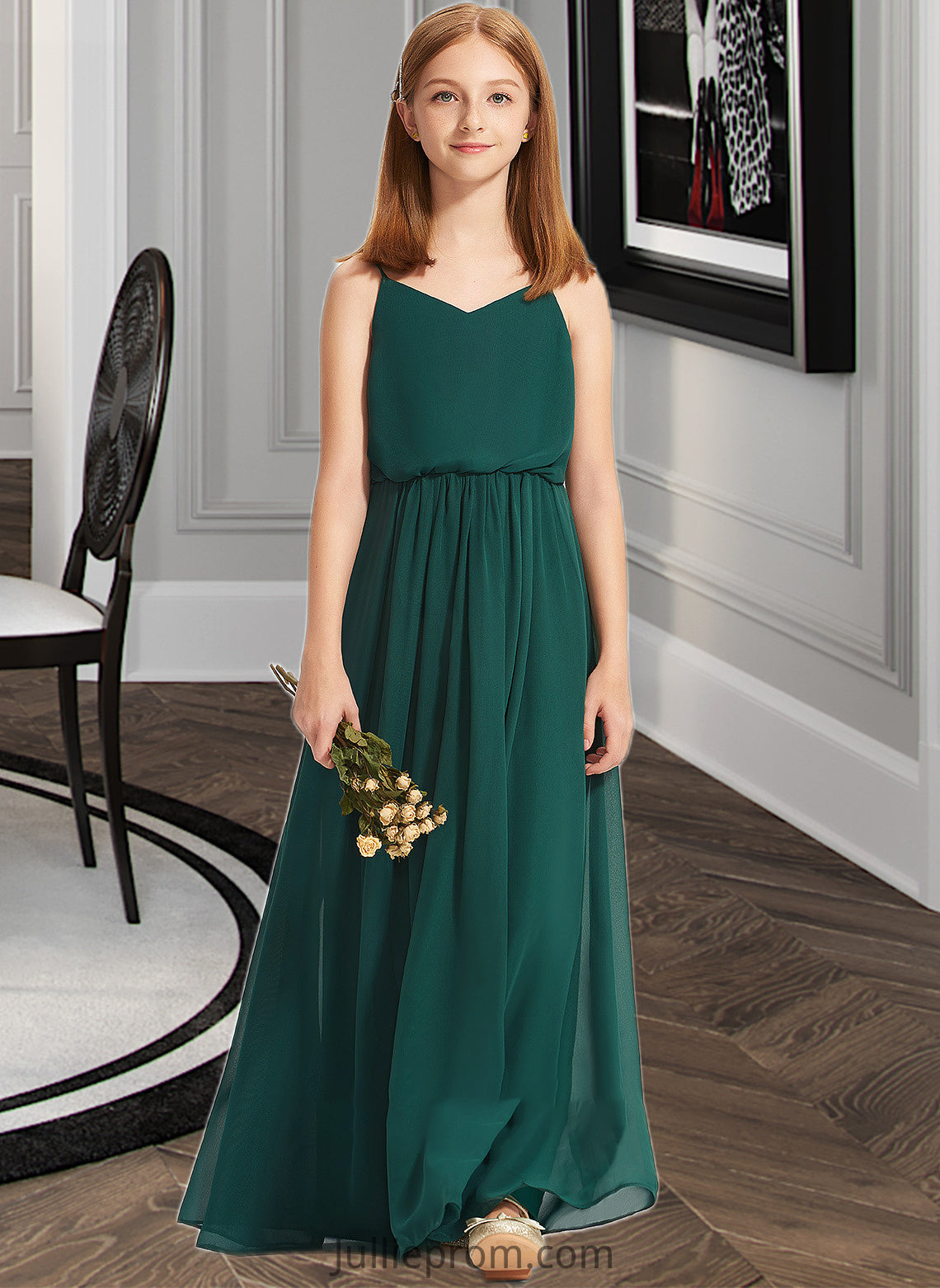 Jaylyn A-Line V-neck Floor-Length Chiffon Junior Bridesmaid Dress With Ruffle DQP0013606