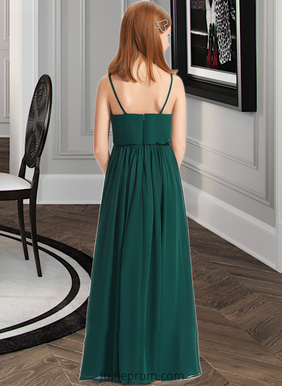 Jaylyn A-Line V-neck Floor-Length Chiffon Junior Bridesmaid Dress With Ruffle DQP0013606