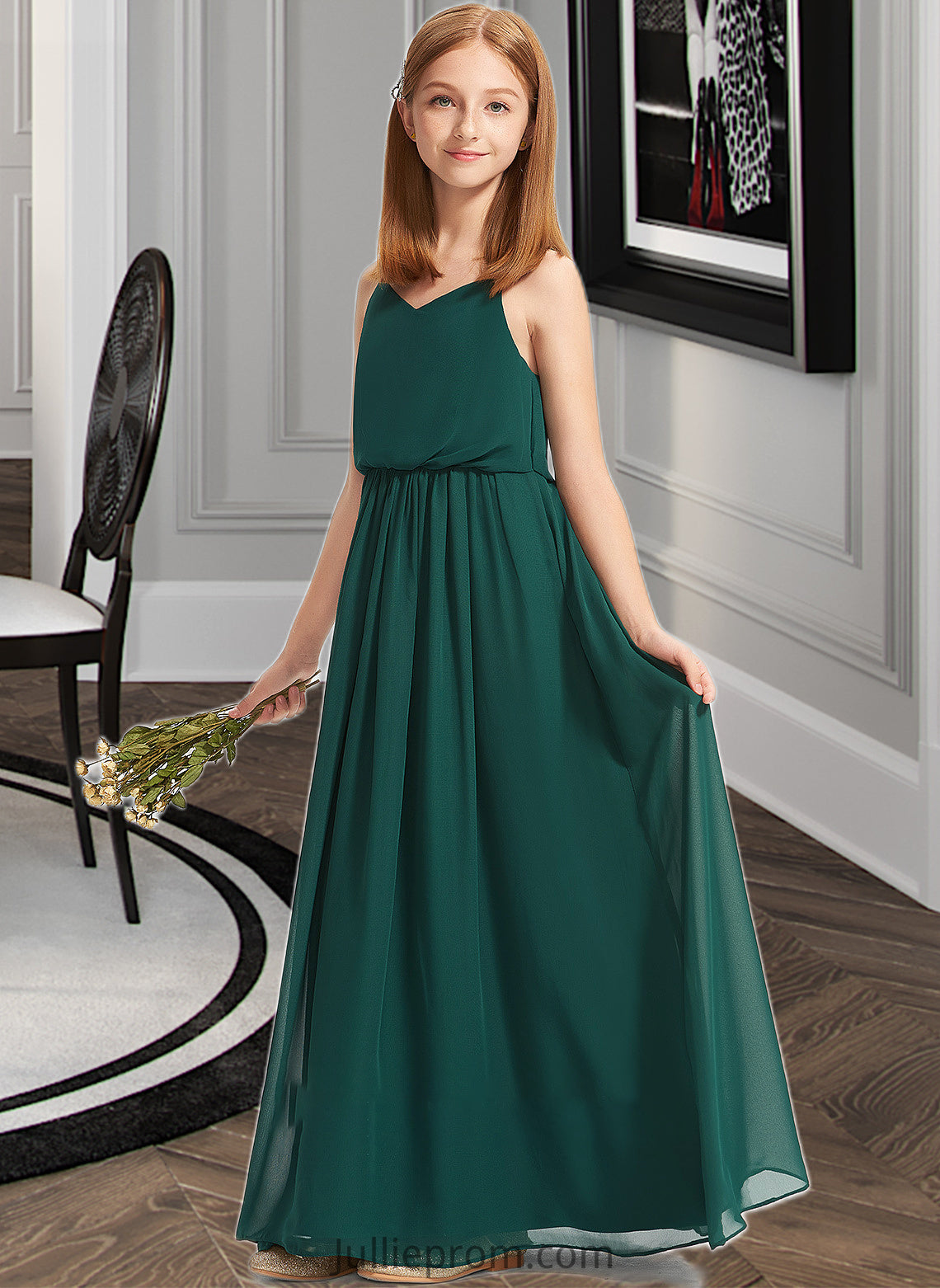 Jaylyn A-Line V-neck Floor-Length Chiffon Junior Bridesmaid Dress With Ruffle DQP0013606