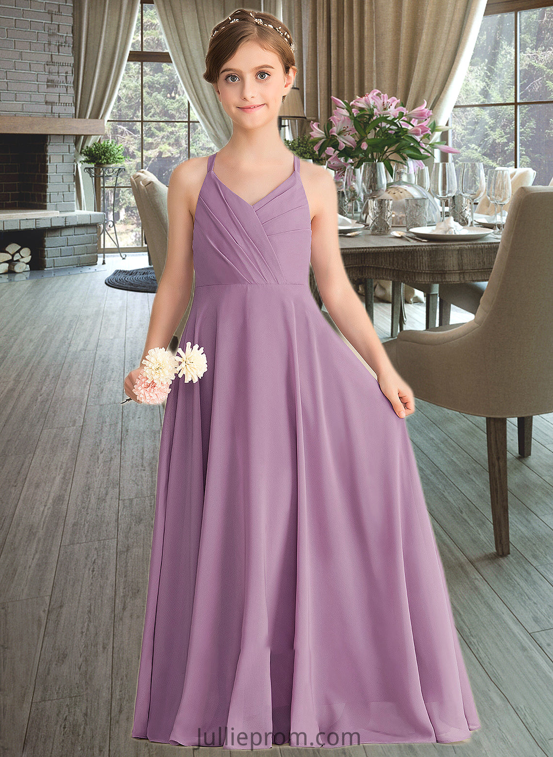 Zara A-Line V-neck Floor-Length Chiffon Junior Bridesmaid Dress With Cascading Ruffles DQP0013644