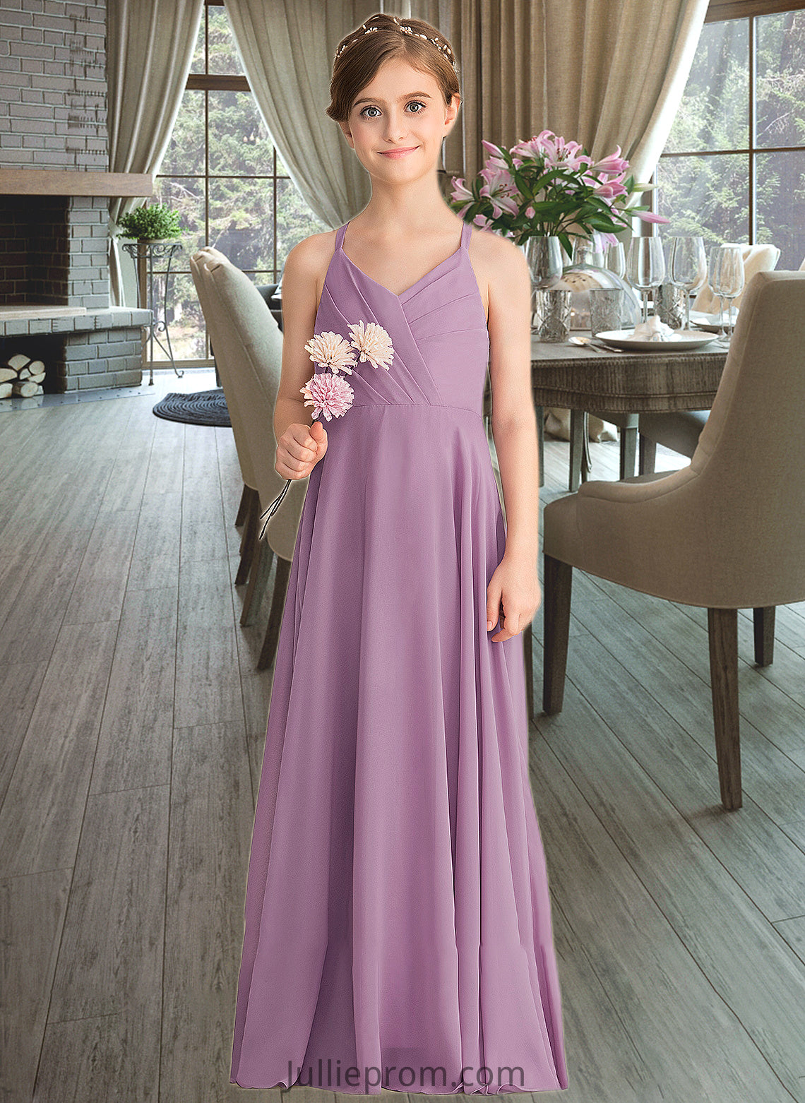 Zara A-Line V-neck Floor-Length Chiffon Junior Bridesmaid Dress With Cascading Ruffles DQP0013644