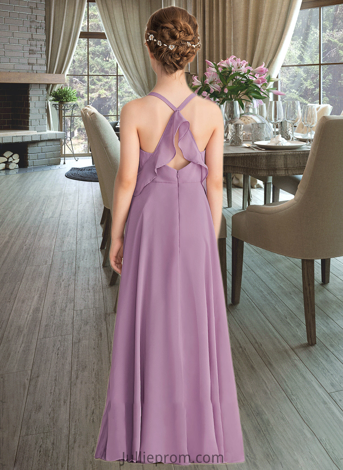 Zara A-Line V-neck Floor-Length Chiffon Junior Bridesmaid Dress With Cascading Ruffles DQP0013644