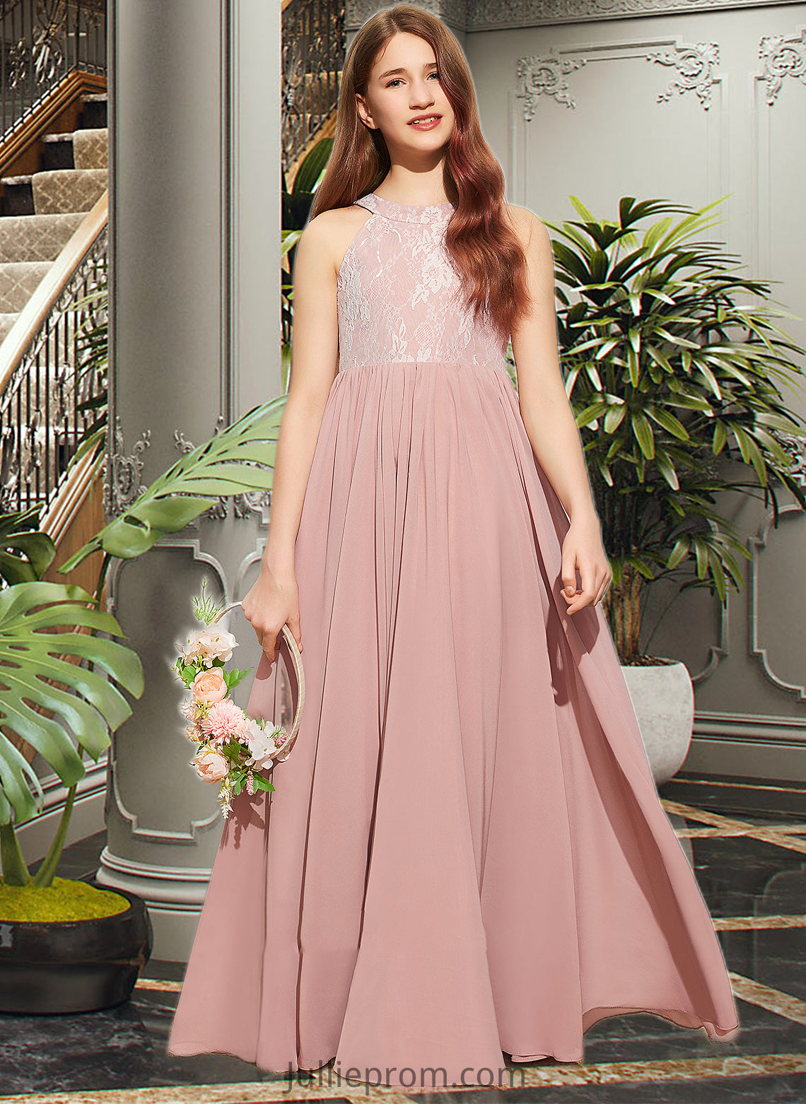 Imani A-Line Scoop Neck Floor-Length Chiffon Lace Junior Bridesmaid Dress With Sequins DQP0013655