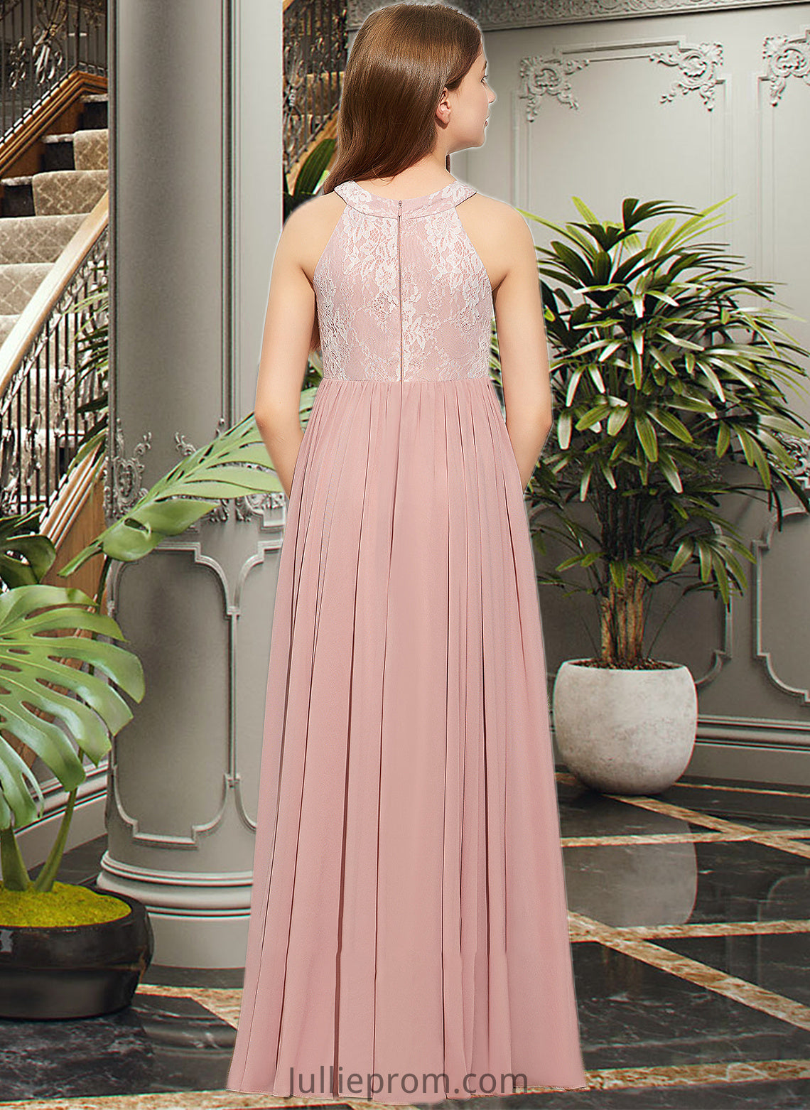 Imani A-Line Scoop Neck Floor-Length Chiffon Lace Junior Bridesmaid Dress With Sequins DQP0013655