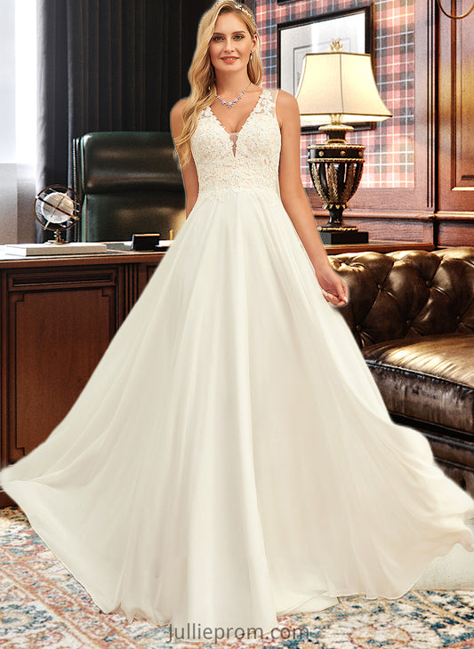 Cierra A-Line V-neck Sweep Train Chiffon Lace Wedding Dress With Lace DQP0013677