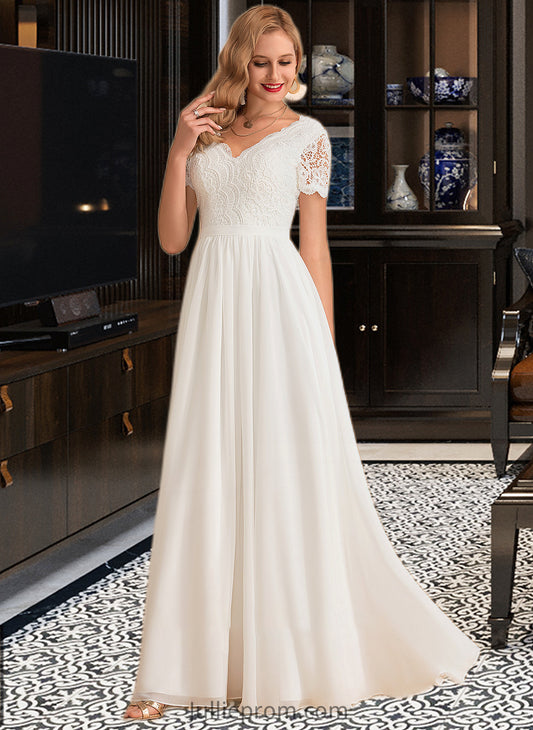 Everleigh A-Line V-neck Floor-Length Chiffon Lace Wedding Dress DQP0013678