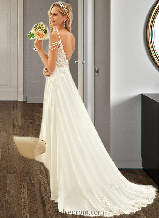 Rhianna A-Line V-neck Sweep Train Chiffon Lace Wedding Dress With Beading Sequins DQP0013681