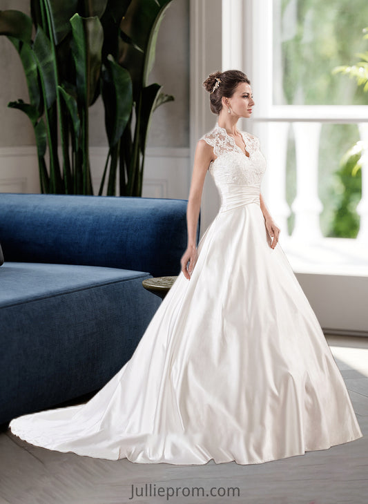 Lilith Ball-Gown/Princess V-neck Court Train Satin Lace Wedding Dress With Ruffle DQP0013688