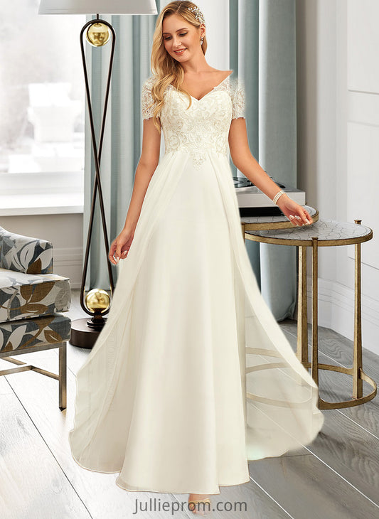 Jazmine A-Line V-neck Floor-Length Chiffon Lace Wedding Dress With Lace DQP0013691