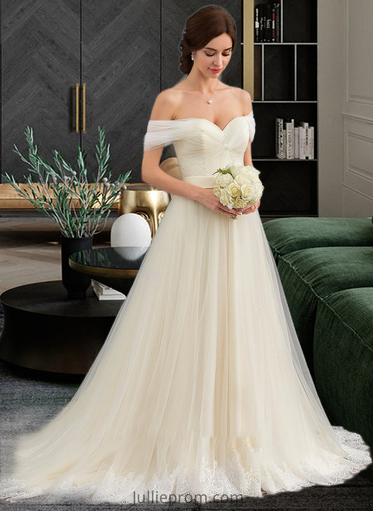 Kayleigh Ball-Gown/Princess Off-the-Shoulder Court Train Tulle Lace Wedding Dress With Ruffle DQP0013692