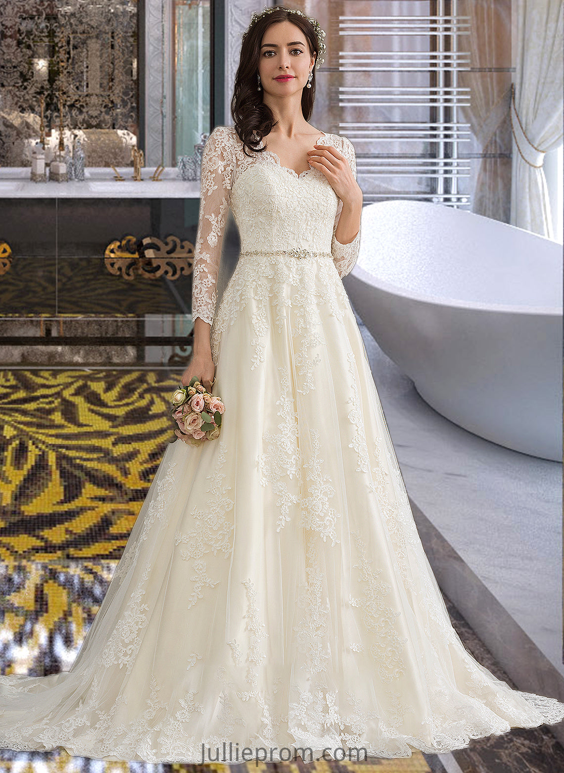 Madison Ball-Gown/Princess V-neck Chapel Train Tulle Wedding Dress With Beading Sequins DQP0013695