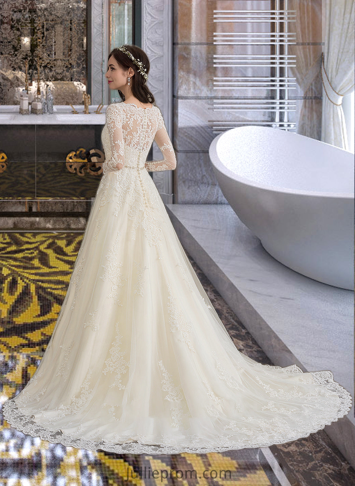 Madison Ball-Gown/Princess V-neck Chapel Train Tulle Wedding Dress With Beading Sequins DQP0013695