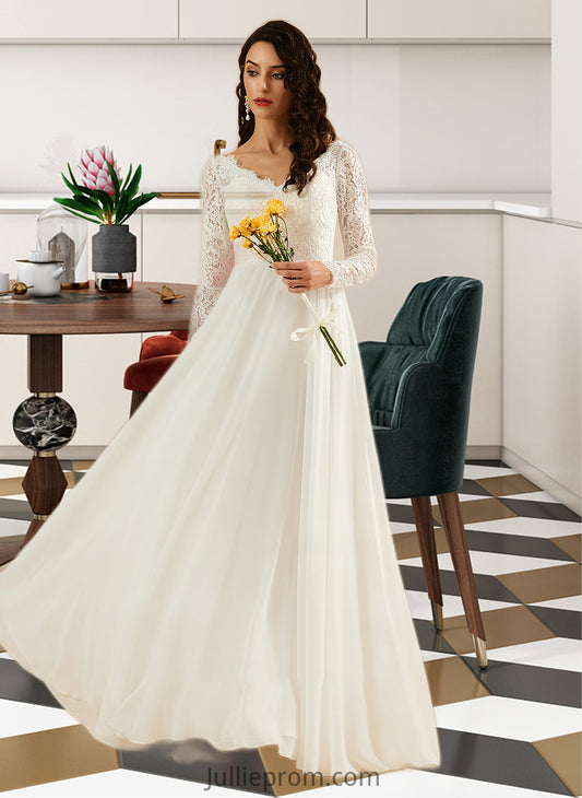 Mattie A-Line V-neck Sweep Train Wedding Dress With Lace DQP0013696