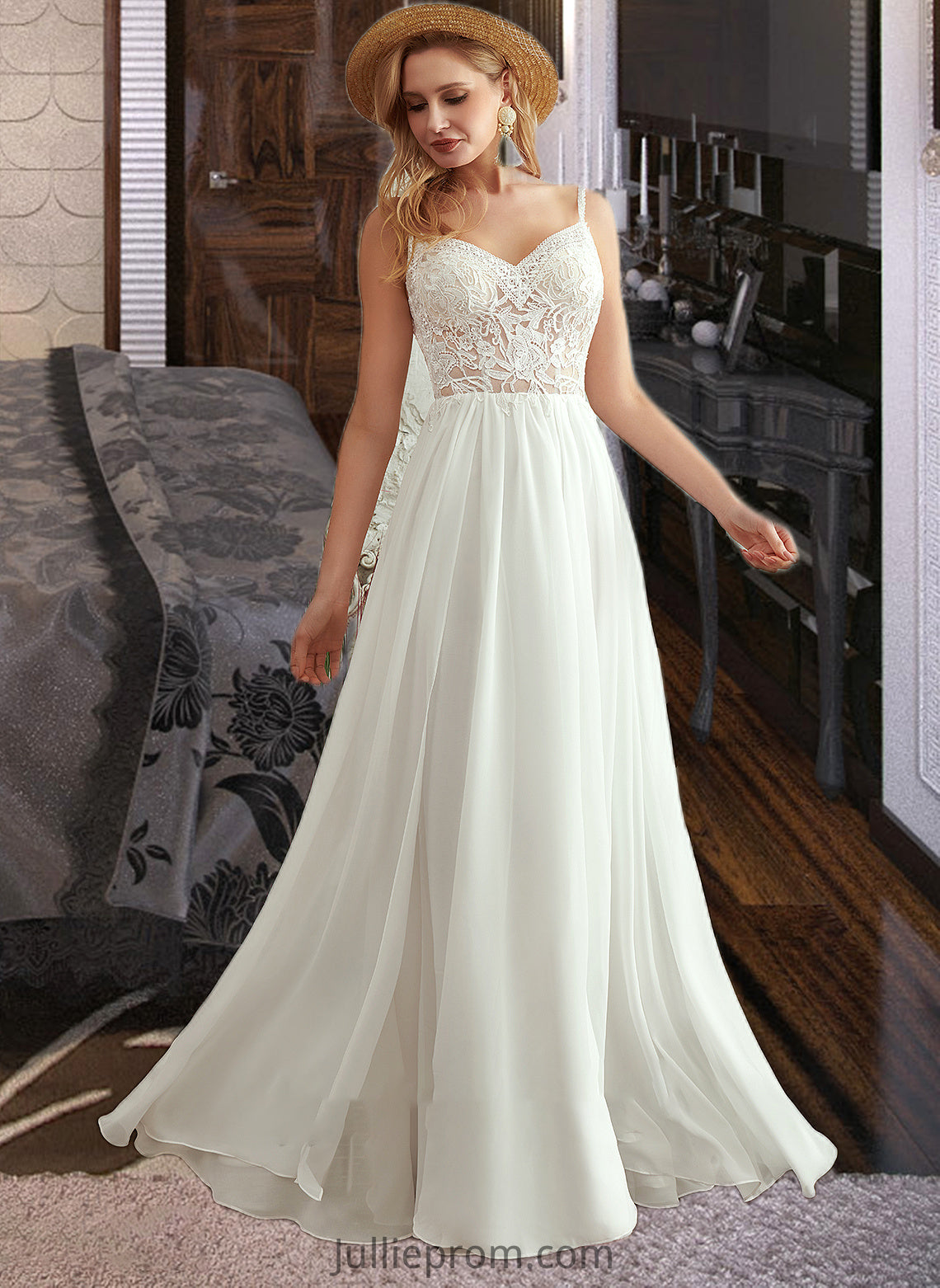 Amber A-Line V-neck Floor-Length Wedding Dress With Beading Split Front DQP0013697