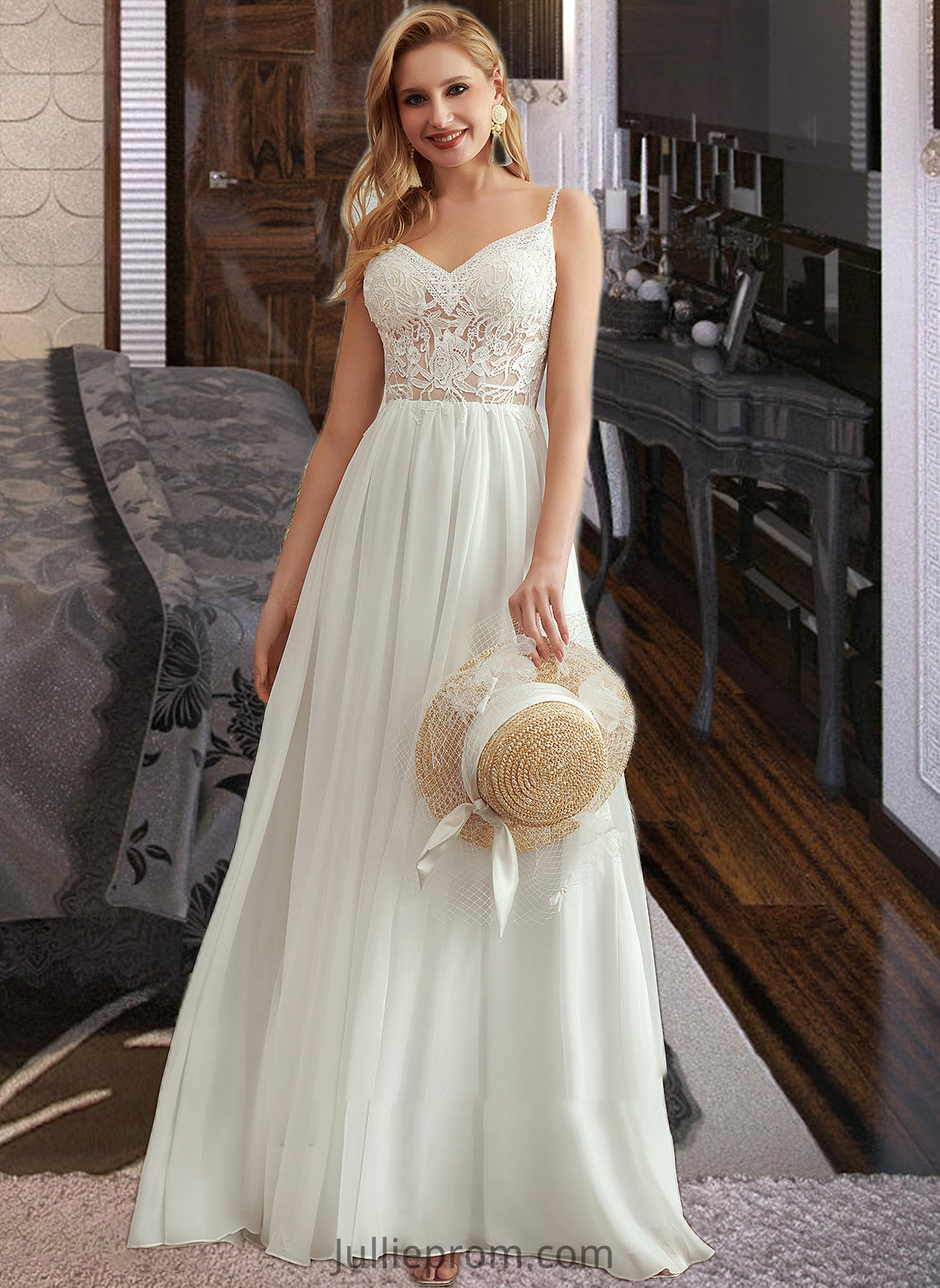 Amber A-Line V-neck Floor-Length Wedding Dress With Beading Split Front DQP0013697