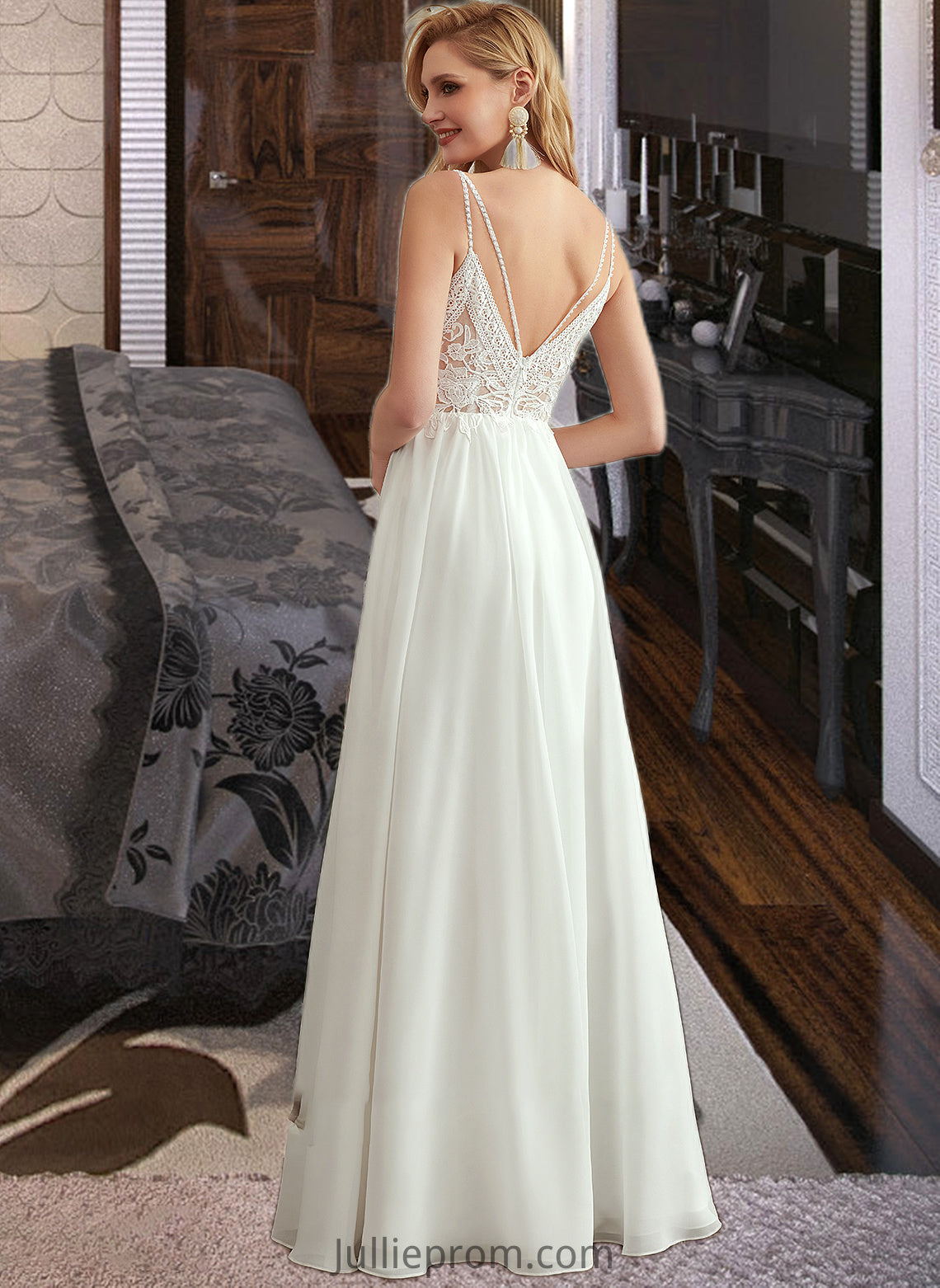 Amber A-Line V-neck Floor-Length Wedding Dress With Beading Split Front DQP0013697