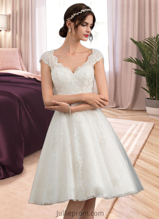 Edith A-Line V-neck Knee-Length Tulle Lace Wedding Dress DQP0013700