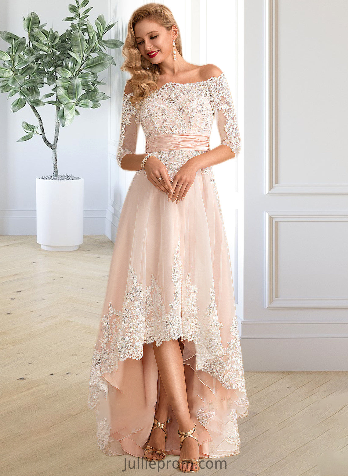 Litzy A-Line Asymmetrical Satin Tulle Lace Wedding Dress With Sequins DQP0013769