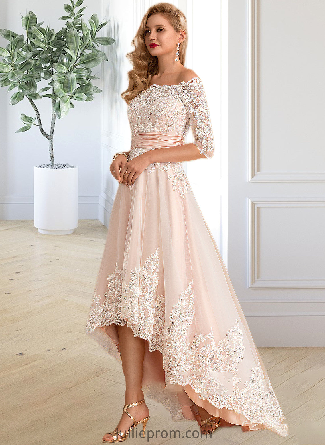 Litzy A-Line Asymmetrical Satin Tulle Lace Wedding Dress With Sequins DQP0013769