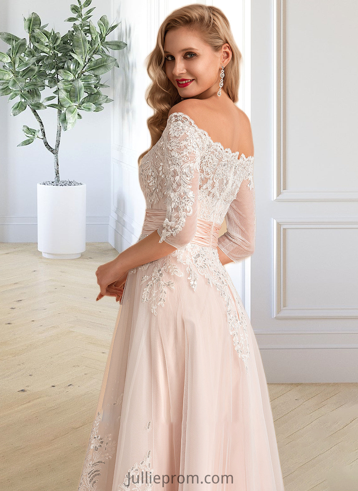 Litzy A-Line Asymmetrical Satin Tulle Lace Wedding Dress With Sequins DQP0013769