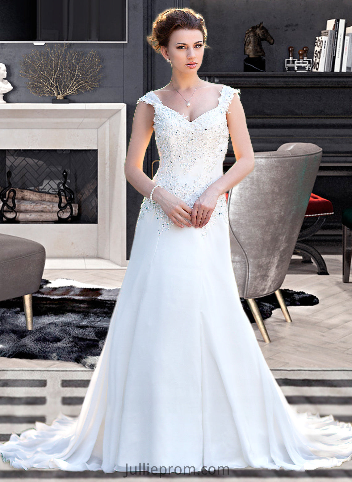 Aracely A-Line V-neck Court Train Chiffon Wedding Dress With Lace Beading Sequins DQP0013776