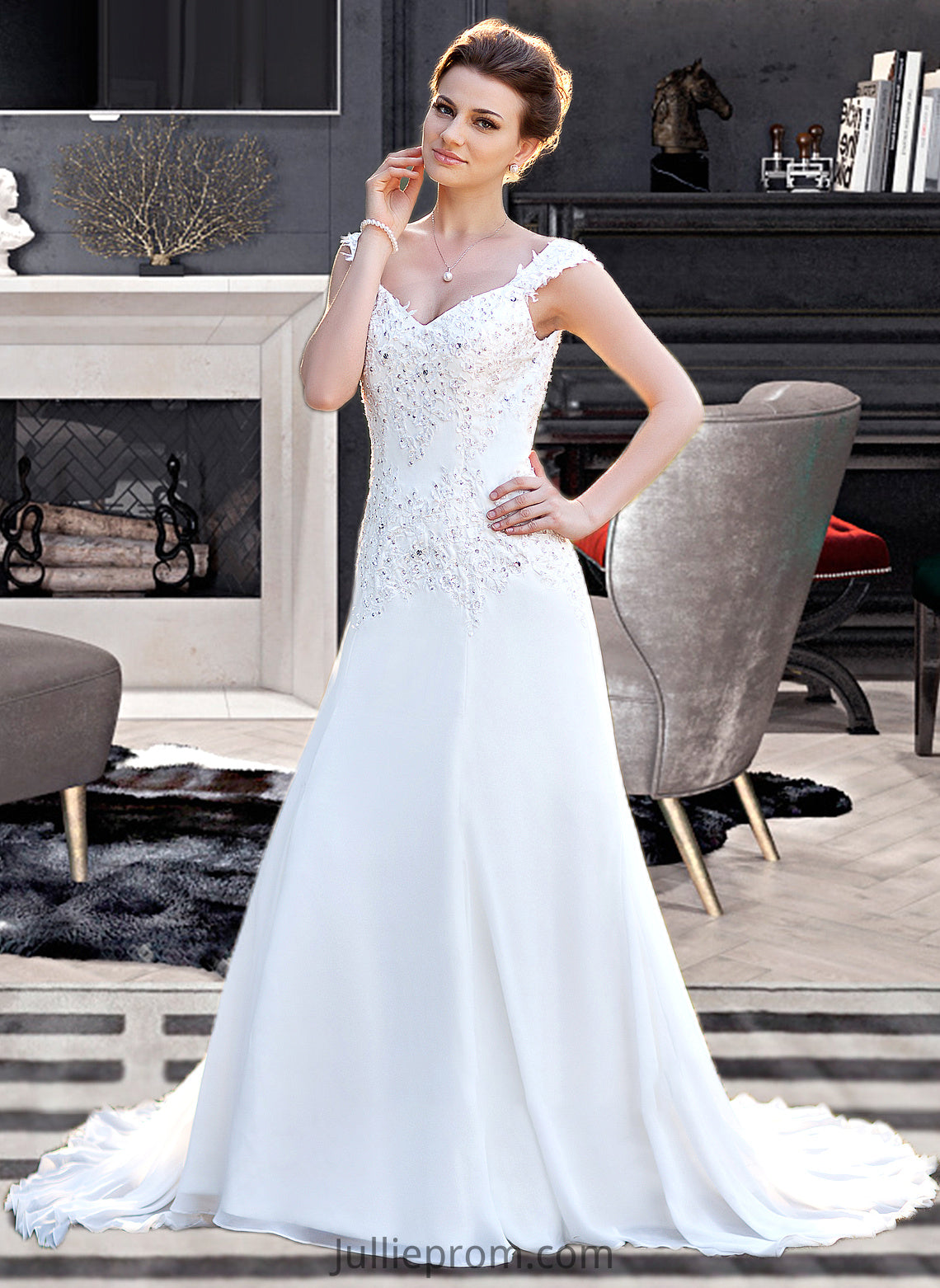 Aracely A-Line V-neck Court Train Chiffon Wedding Dress With Lace Beading Sequins DQP0013776