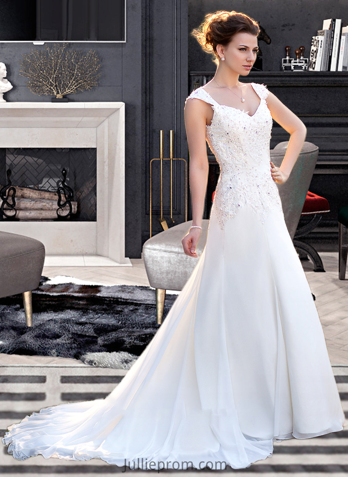 Aracely A-Line V-neck Court Train Chiffon Wedding Dress With Lace Beading Sequins DQP0013776