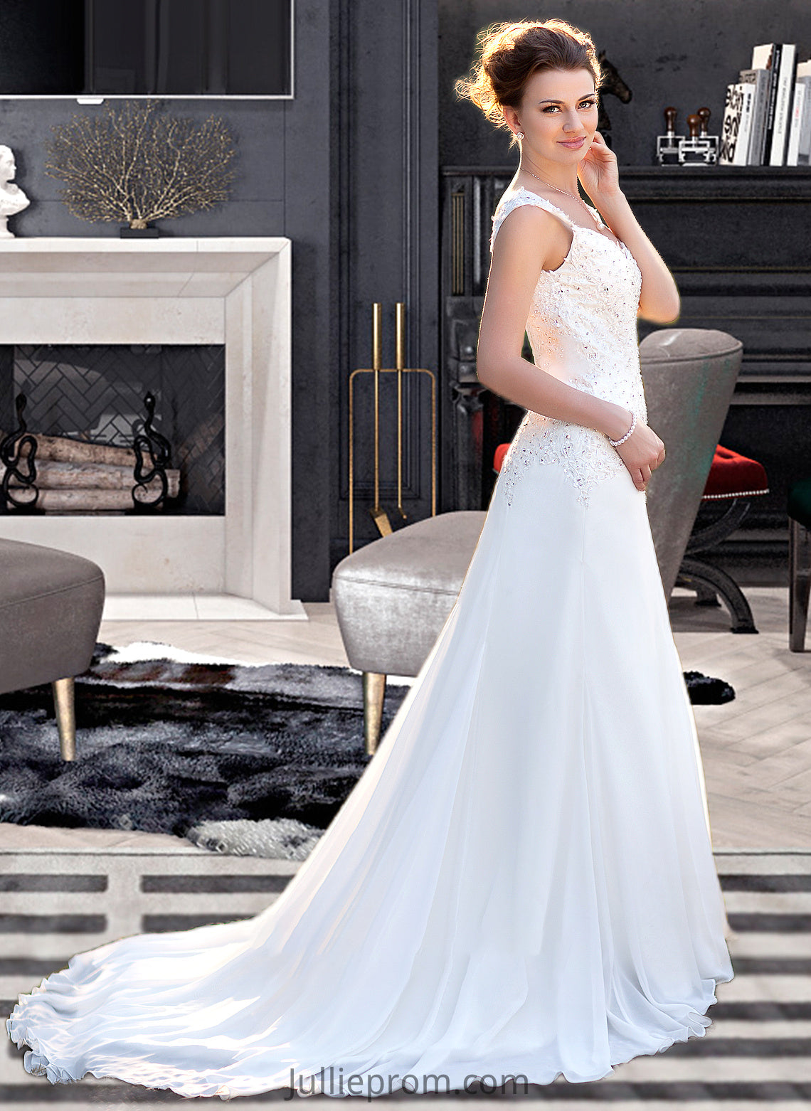 Aracely A-Line V-neck Court Train Chiffon Wedding Dress With Lace Beading Sequins DQP0013776