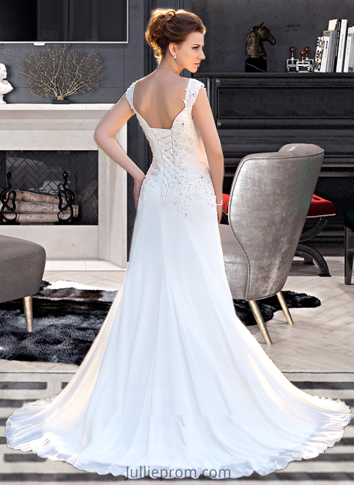 Aracely A-Line V-neck Court Train Chiffon Wedding Dress With Lace Beading Sequins DQP0013776