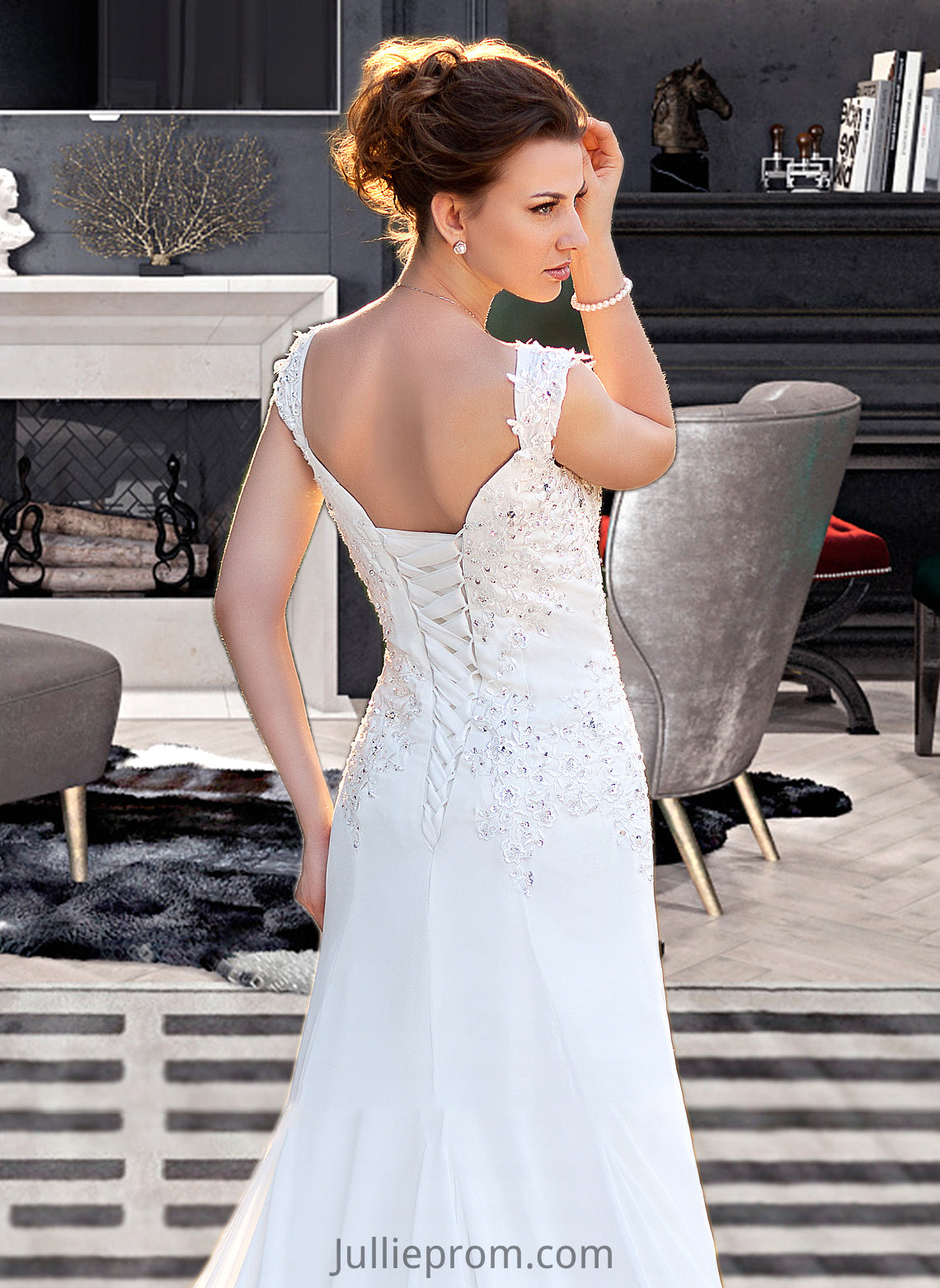 Aracely A-Line V-neck Court Train Chiffon Wedding Dress With Lace Beading Sequins DQP0013776