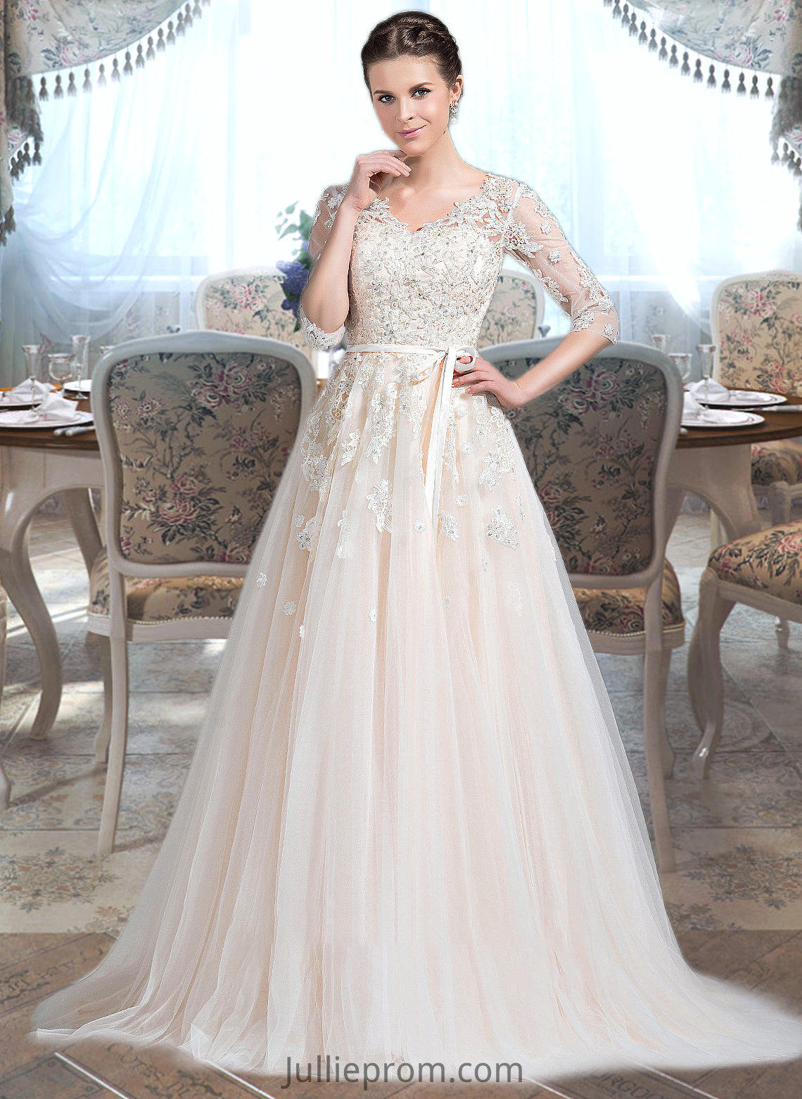 Mikaela Ball-Gown/Princess V-neck Court Train Tulle Wedding Dress With Beading Appliques Lace Sequins Bow(s) DQP0013809