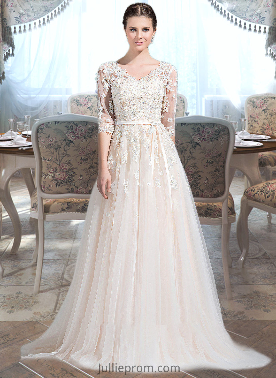 Mikaela Ball-Gown/Princess V-neck Court Train Tulle Wedding Dress With Beading Appliques Lace Sequins Bow(s) DQP0013809