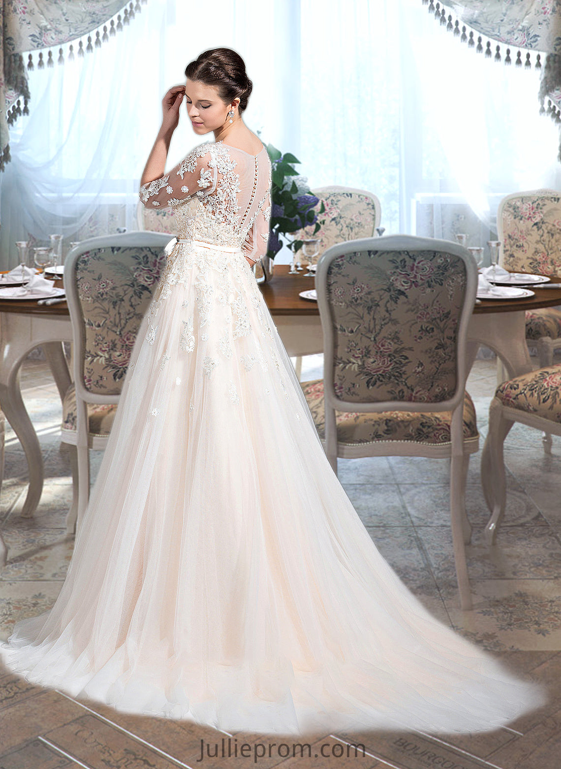 Mikaela Ball-Gown/Princess V-neck Court Train Tulle Wedding Dress With Beading Appliques Lace Sequins Bow(s) DQP0013809