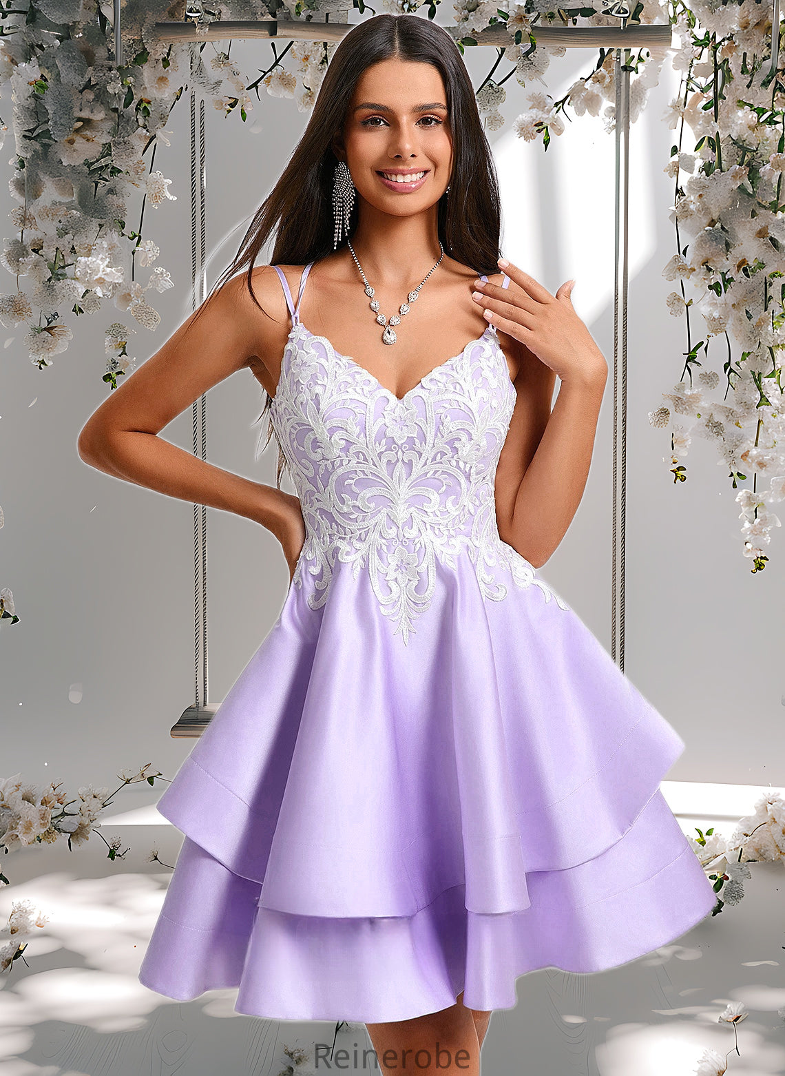 Paula A-line V-Neck Short Satin Homecoming Dress With Appliques Lace DQP0025696