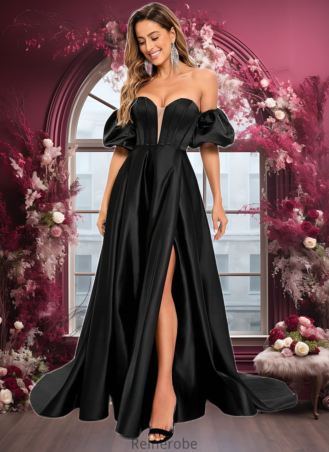 Ayana A-line V-Neck Sweep Train Satin Prom Dresses DQP0025842